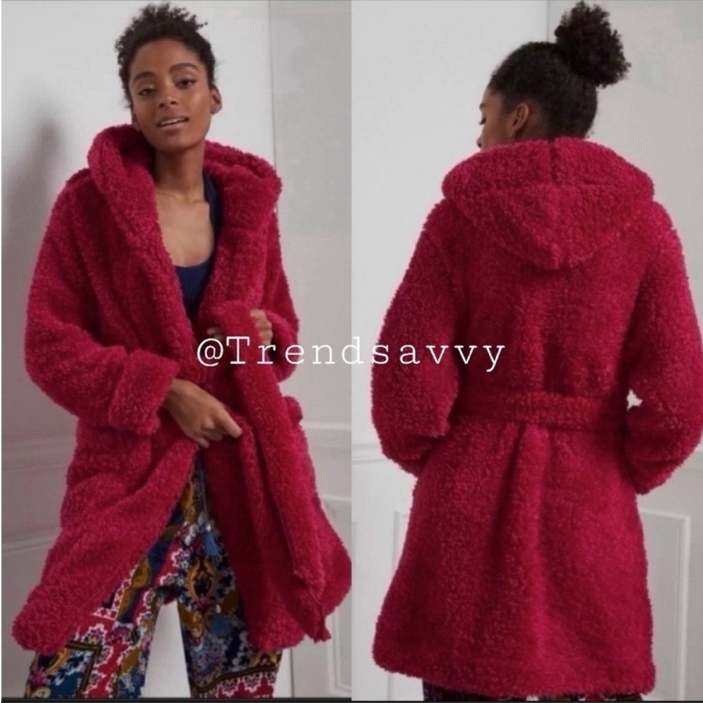 Anthropologie Sherpa Hooded Robe Magenta Belted Cozy Lounge Coat Large NWT - Picture 7 of 7